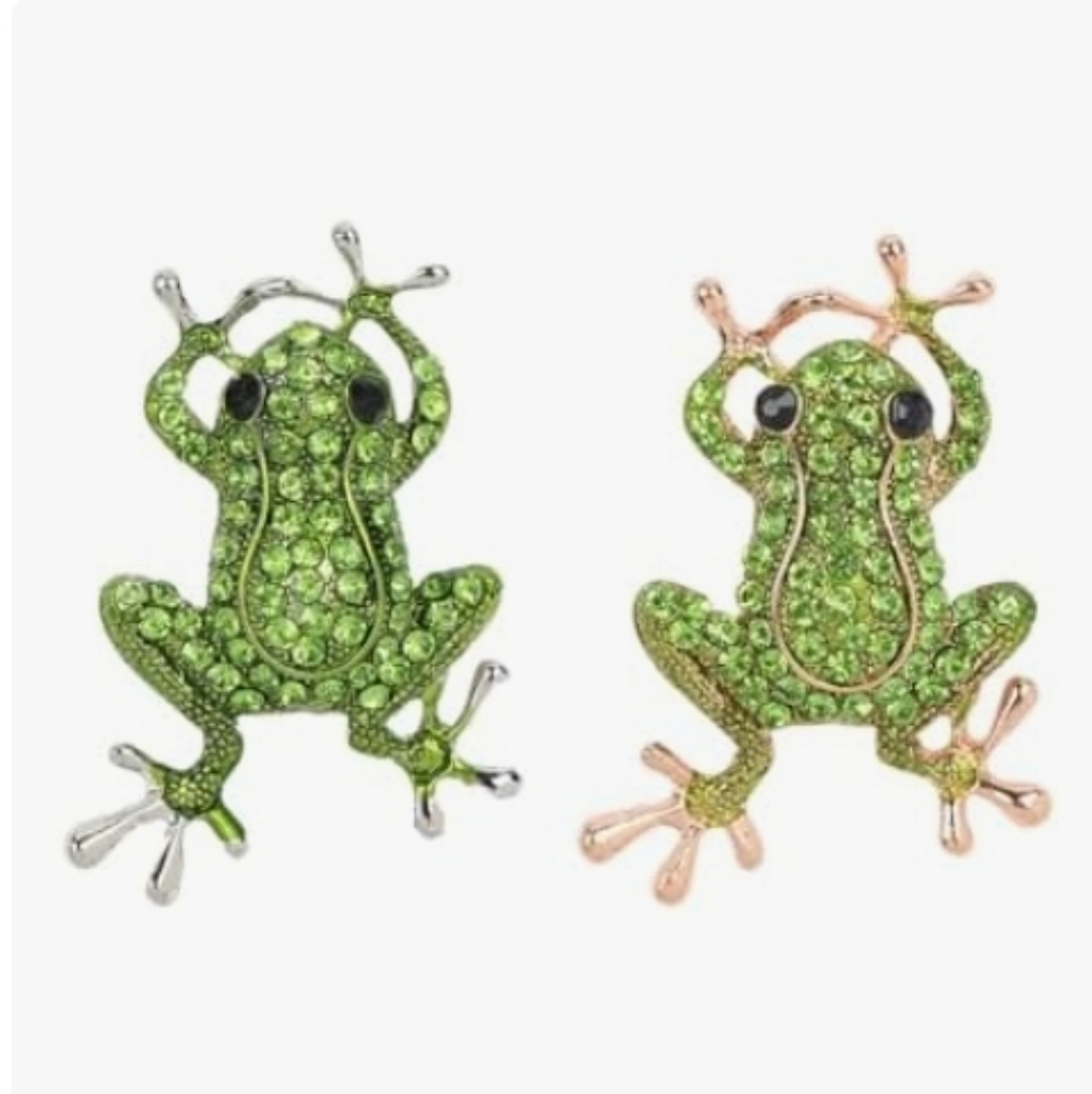 Green Crystal Frog Brooch Pin - Sparkling Women's Jewelry Two Piece Set